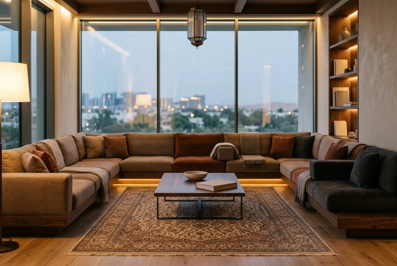 A modern majlis with a large U-shaped sofa, wooden coffee table, and patterned rug facing floor-to-ceiling windows