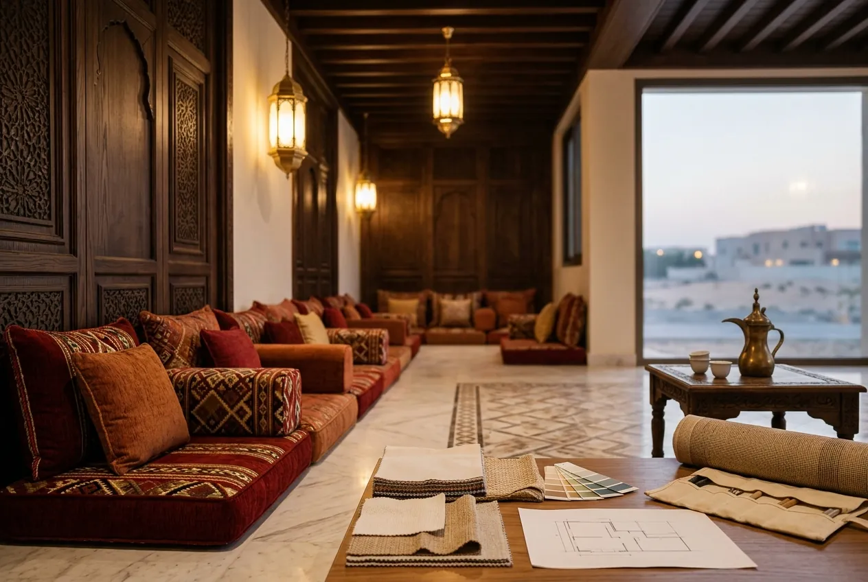 A traditional majlis featuring red floor seating, ornate carved wood wall panels, and brass lanterns