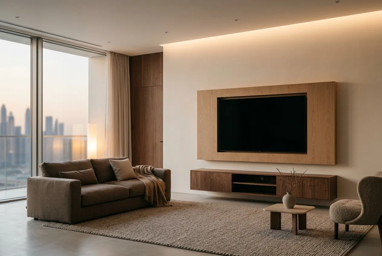 A modern minimalist living room featuring a floating wooden TV mount, a low brown sofa, and skyline views