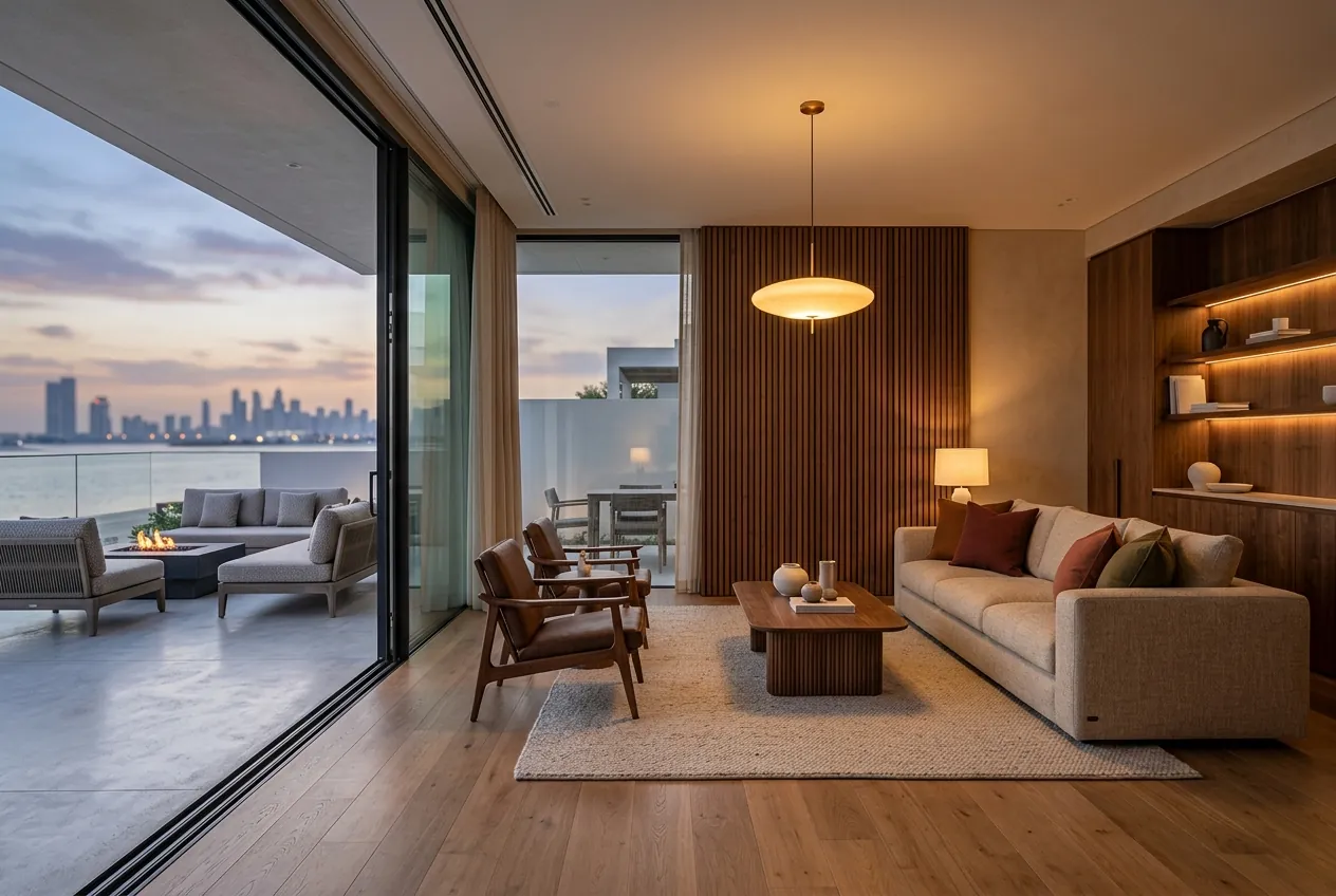 Modern living room with sliding glass doors opening onto a terrace with lounge seating and a distant skyline