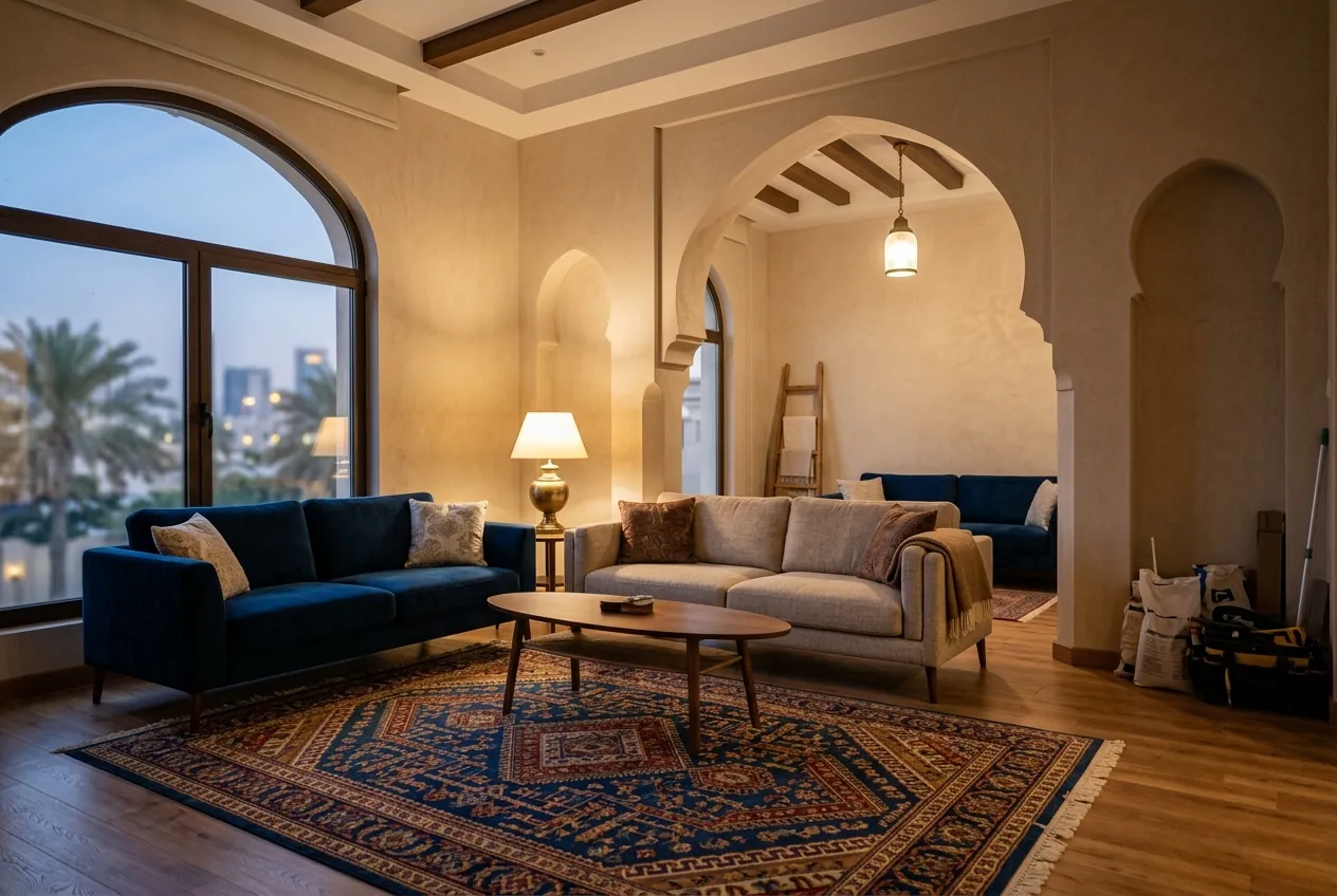 A warm living room featuring Arabic archways, modern blue and beige sofas, a traditional rug, and a large arched window
