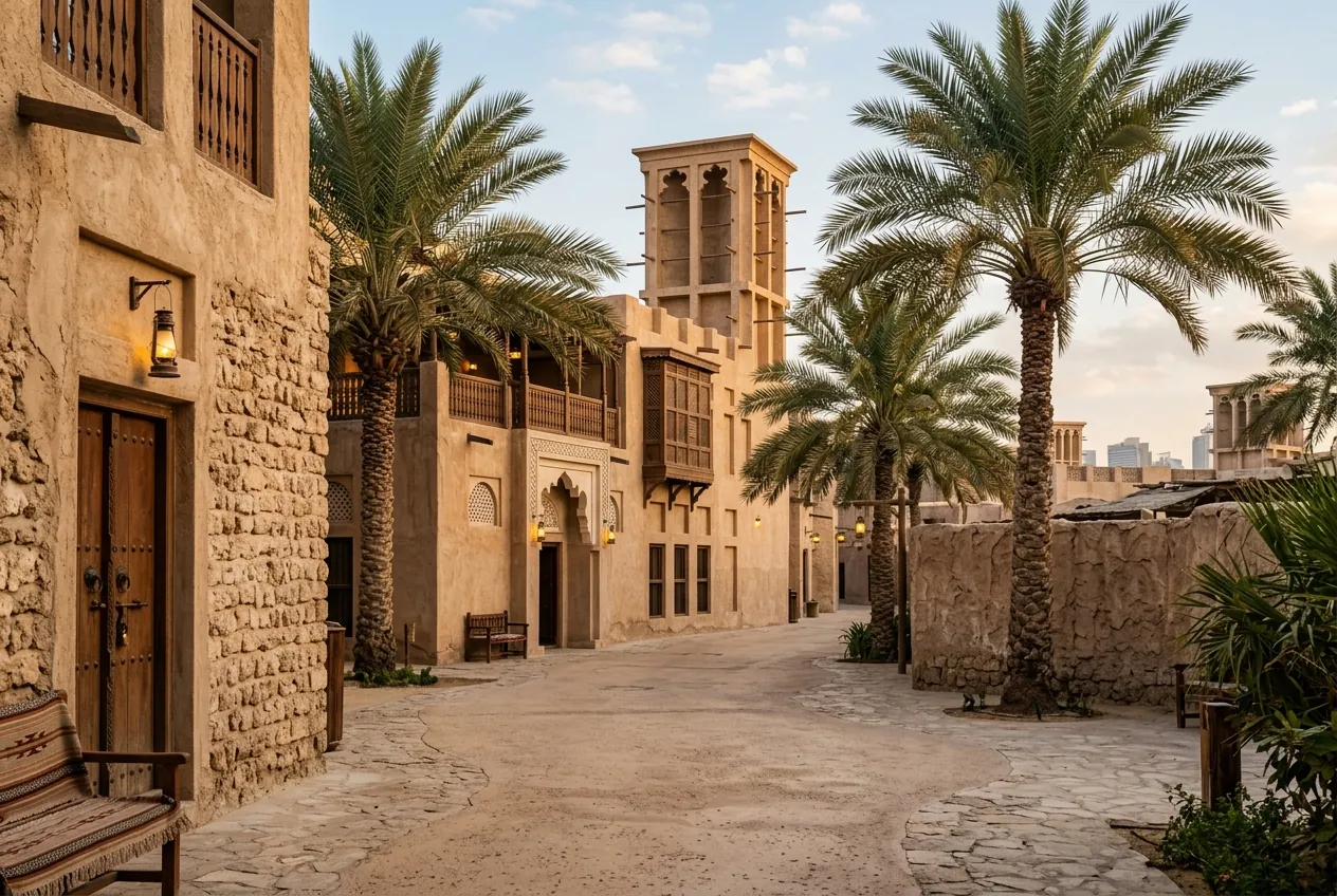 Traditional stone and plaster buildings with a wind tower and palm trees line a quiet sandy pathway