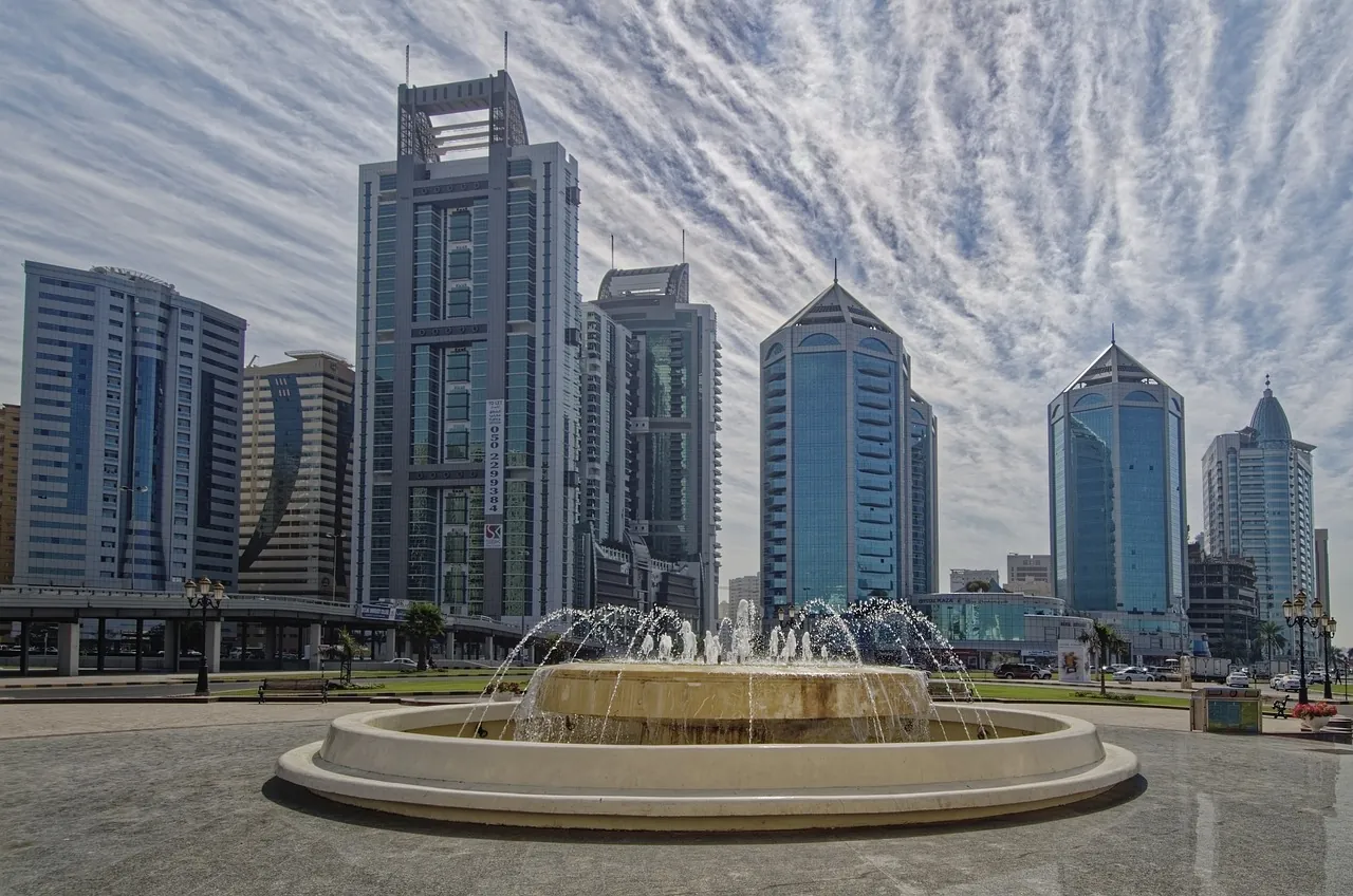 Towers around a fountain square in Sharjah