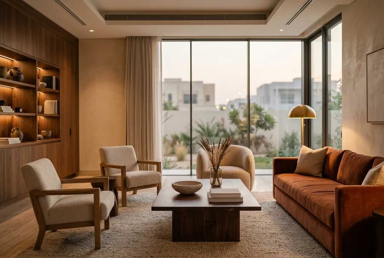 Elegant villa living room with wood shelving, an amber velvet sofa, armchairs, and floor-to-ceiling garden windows