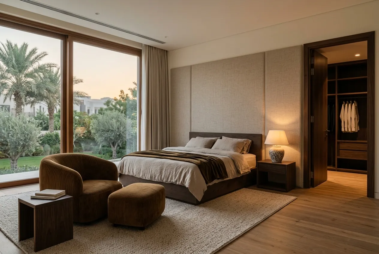 Modern master bedroom with a bed, fabric panel wall, armchair seating, and an open door to a walk-in closet
