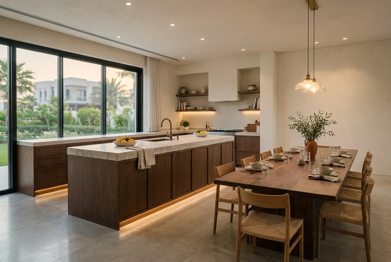 Modern villa kitchen featuring a dark wood island with underlighting and an adjacent long wooden dining table
