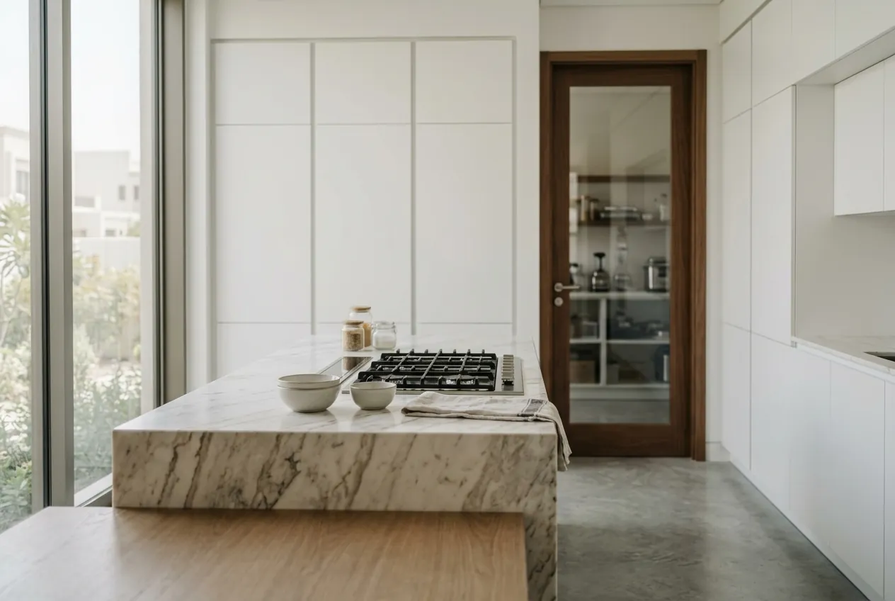 A modern kitchen with a marble island, gas cooktop, sleek white cabinetry, and a glass door leading to a pantry