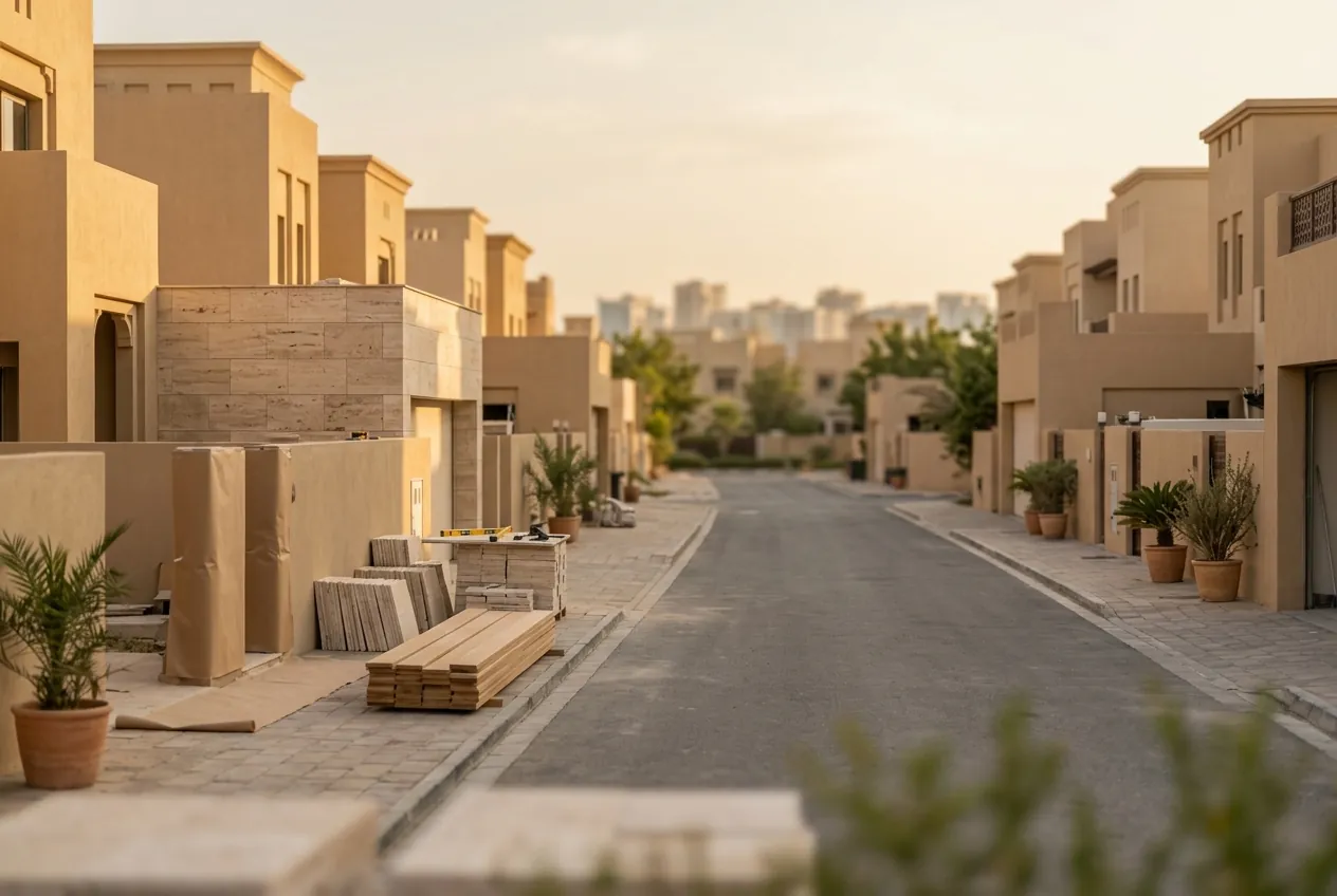 Sand-coloured villas line a quiet residential street with renovation materials stacked outside at golden hour