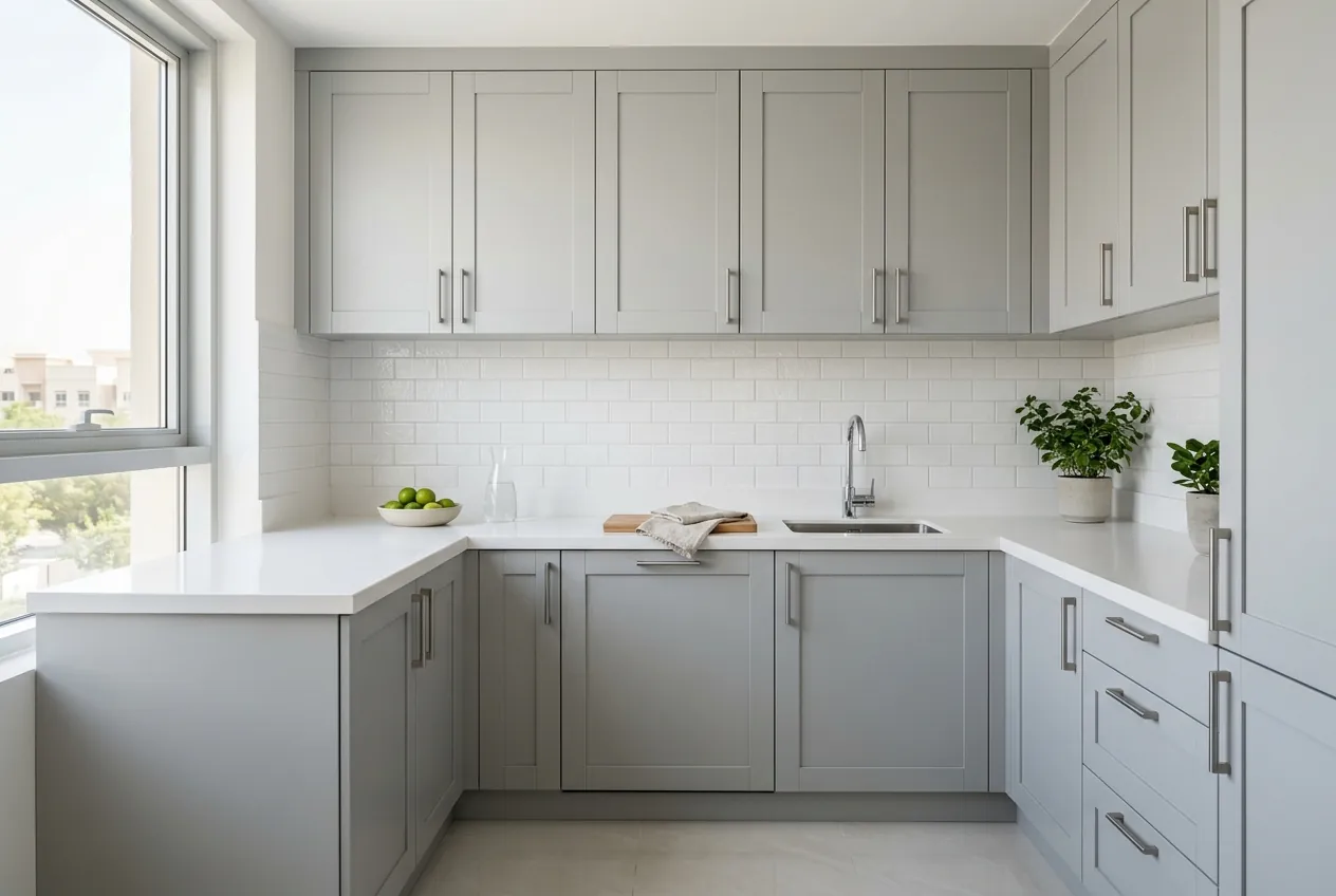 A modern, compact kitchen with light grey shaker cabinets, white countertops, subway tile backsplash, and a window