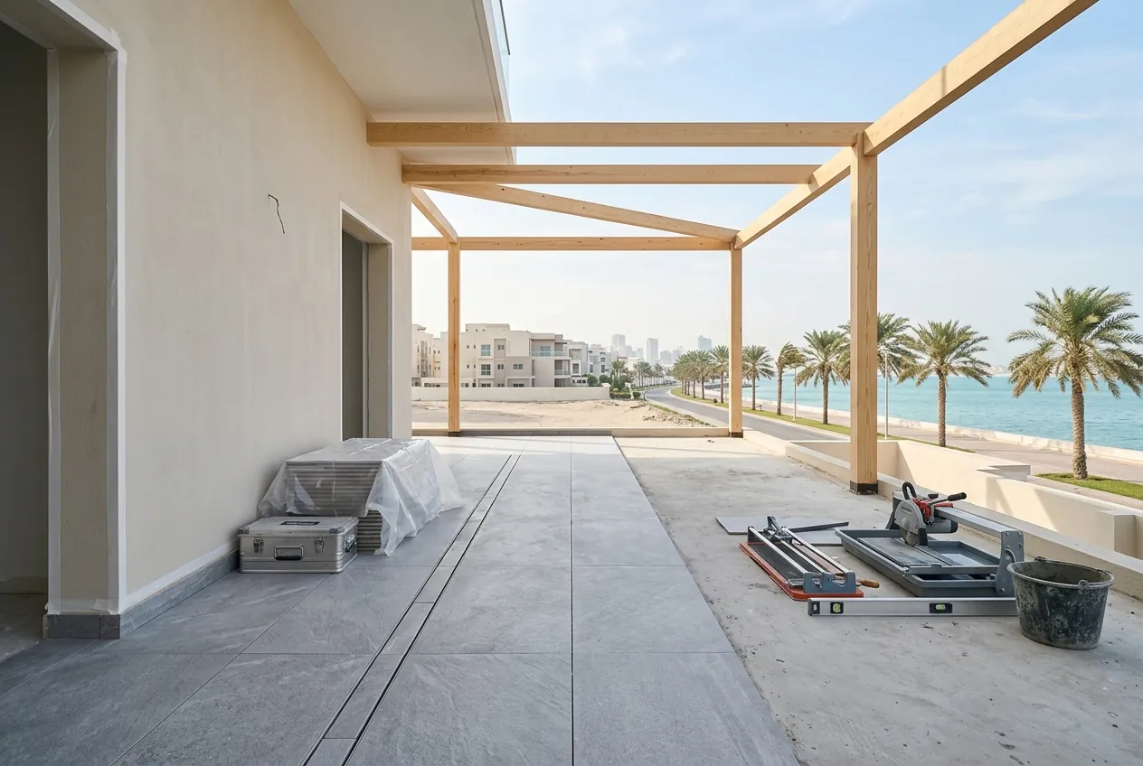 An outdoor patio renovation with tiling tools overlooks a calm coastal road lined with palm trees and water