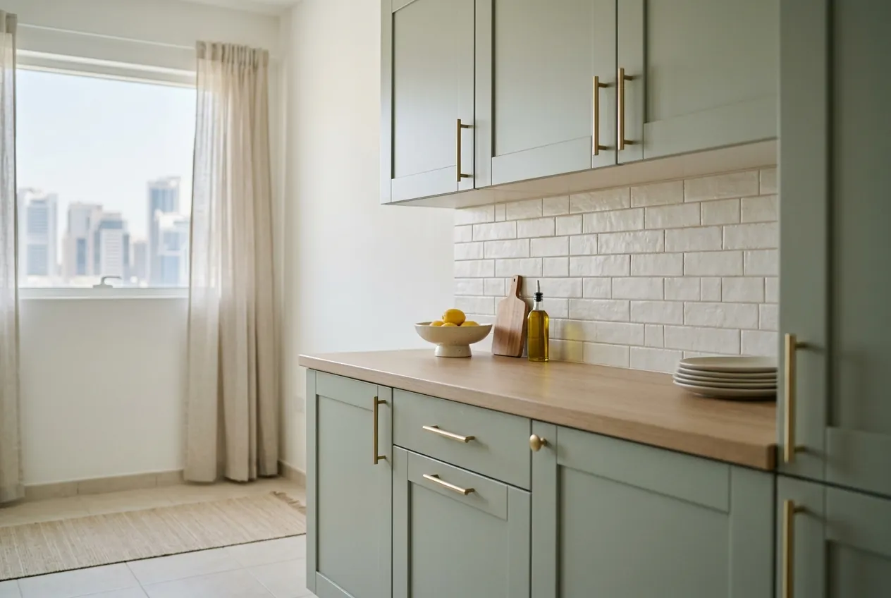 Sage green kitchen cabinets with brass handles, a wooden countertop, and white subway tiles beside a bright window