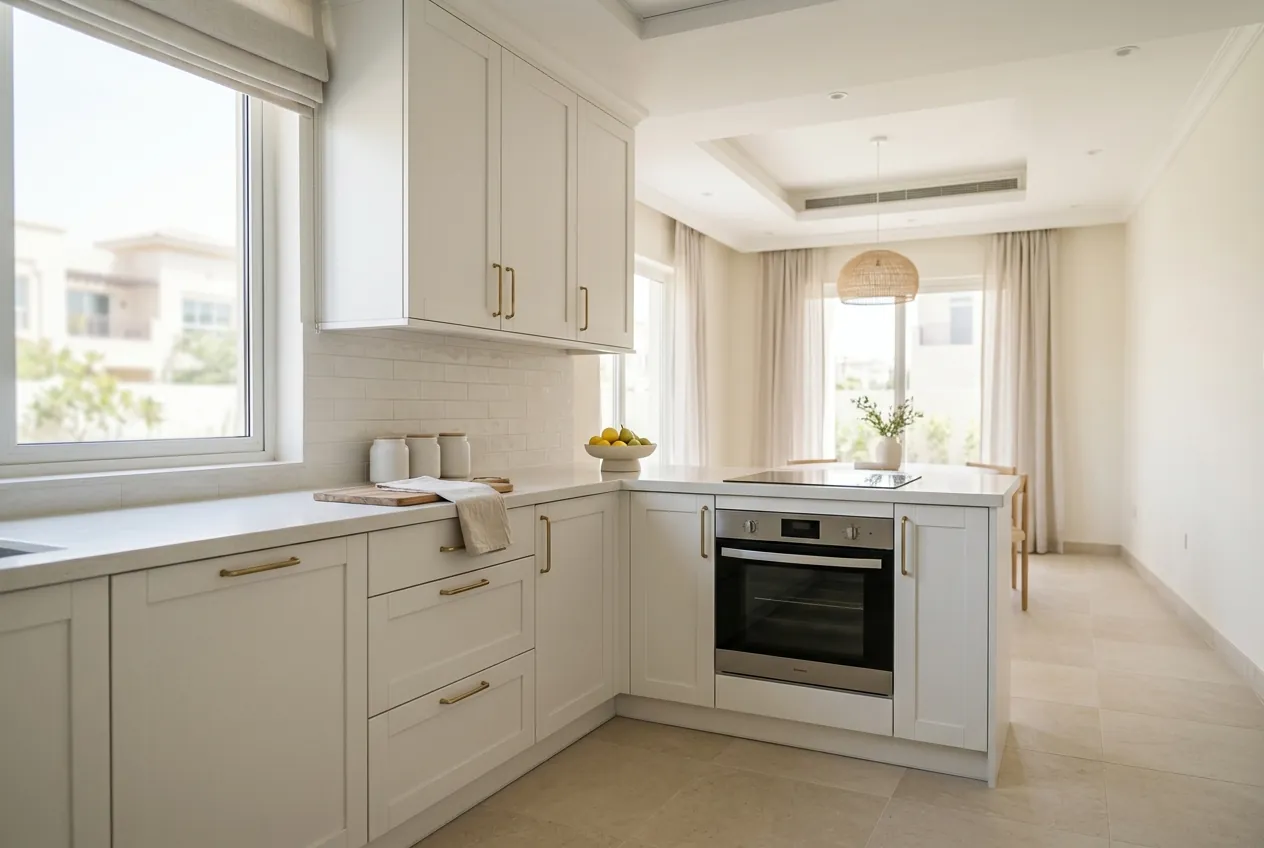 Soft white shaker kitchen cabinets with brass handles, built-in oven, and a dining area visible in the background