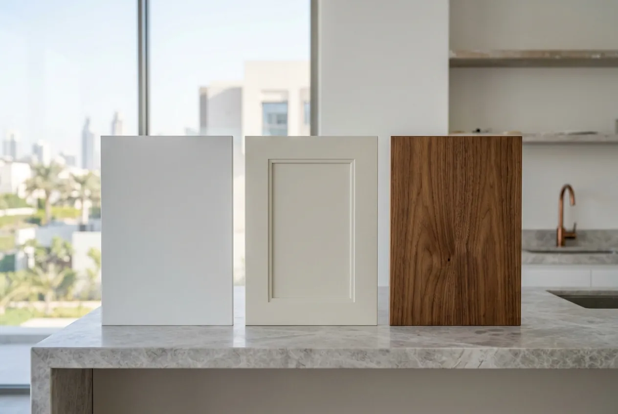 Three cabinet door samples in plain white, cream shaker, and walnut standing on a stone kitchen countertop