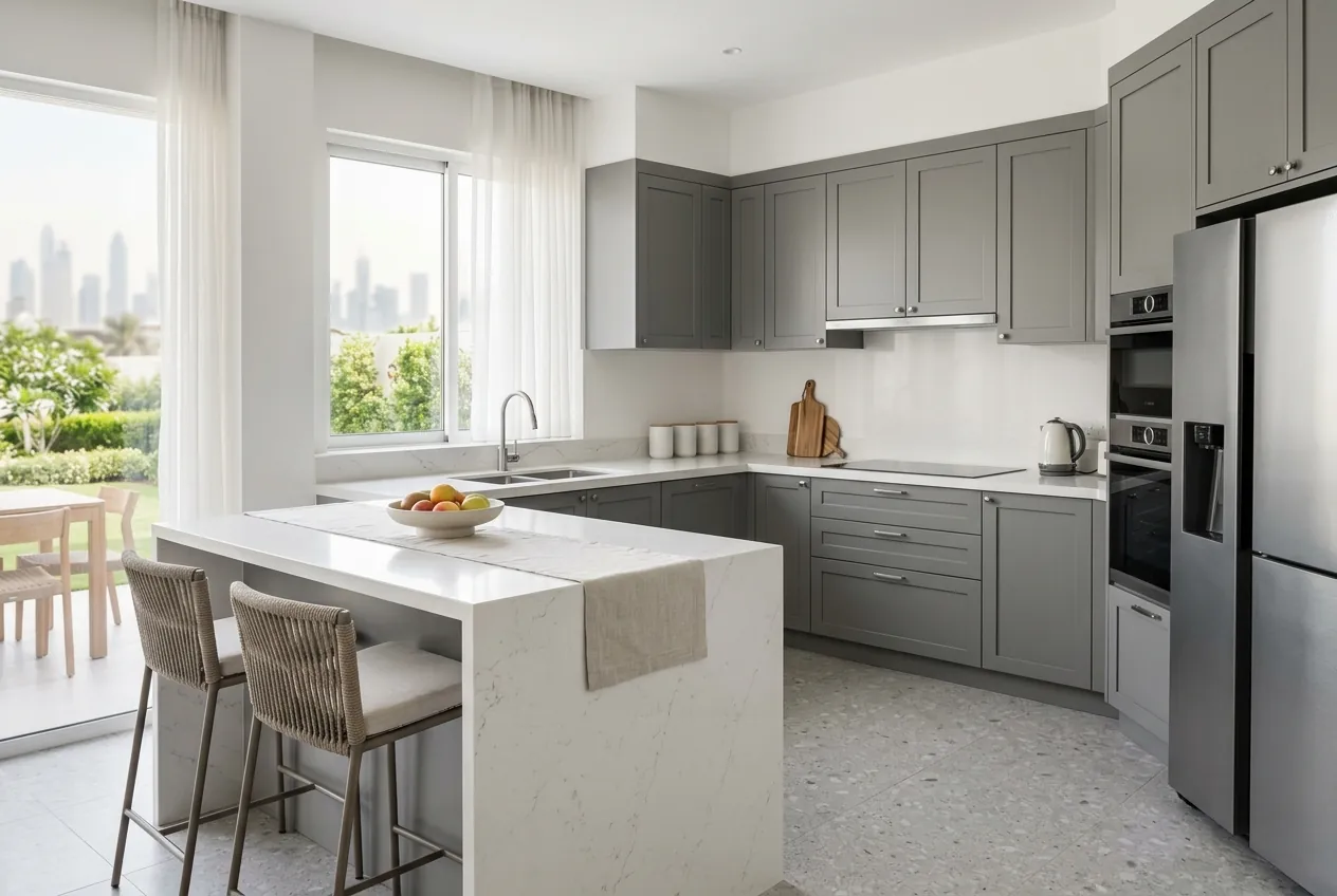 Modern kitchen featuring grey cabinetry, a white quartz waterfall island, and stainless steel appliances