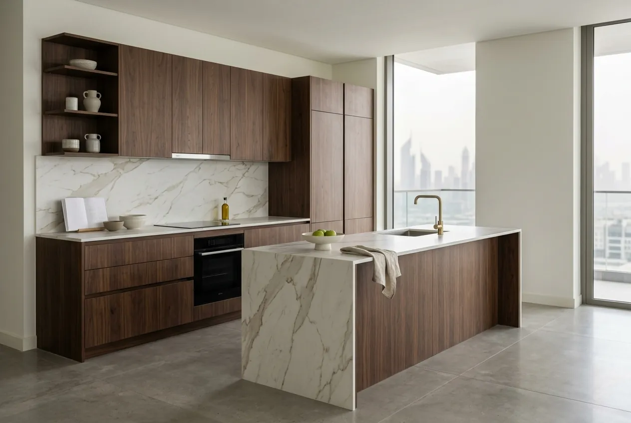 Modern kitchen featuring dark walnut cabinetry, a marble waterfall island, and city skyline views through large windows