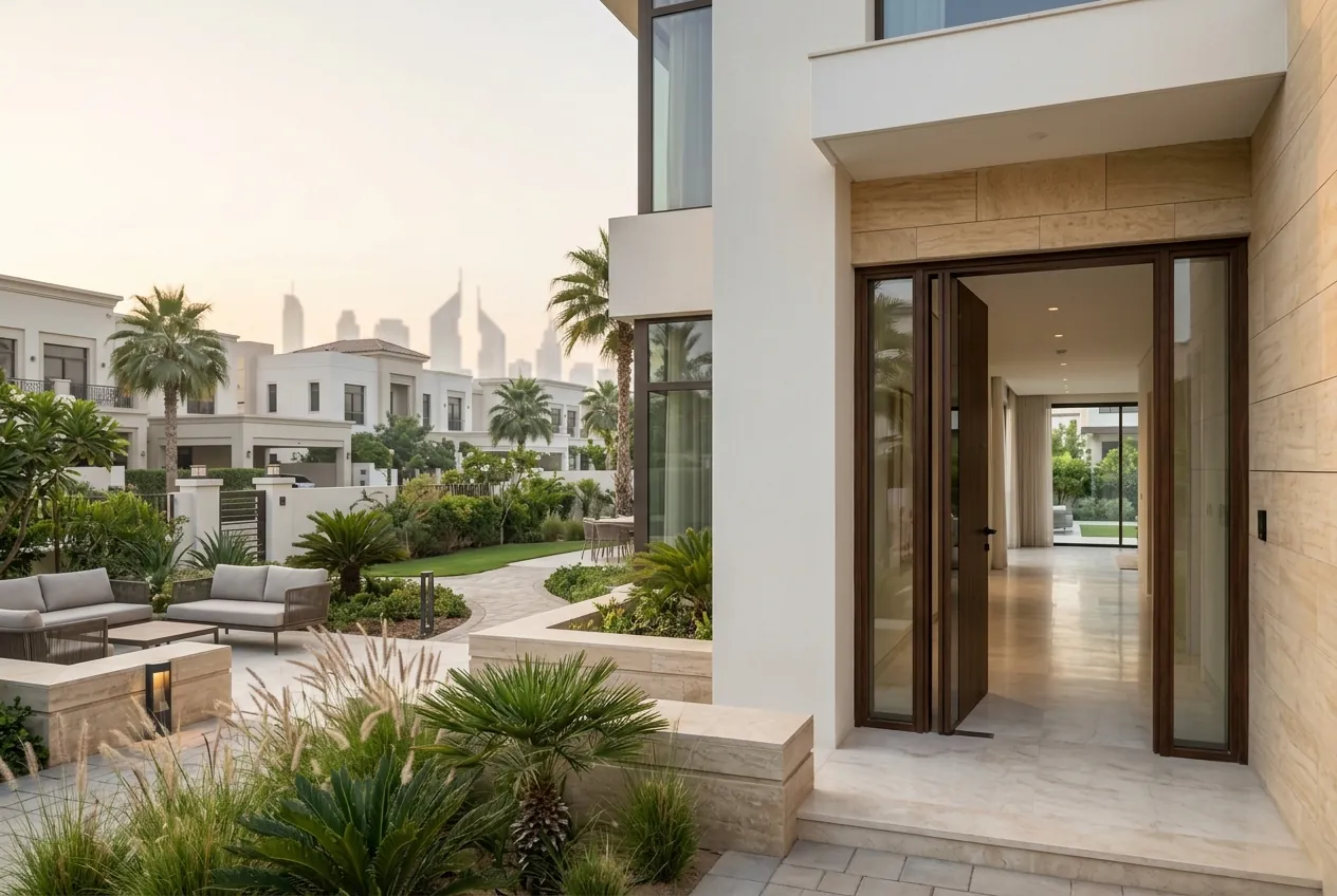 Modern luxury villa exterior with landscaped garden, patio seating, and city skyline in the distant haze