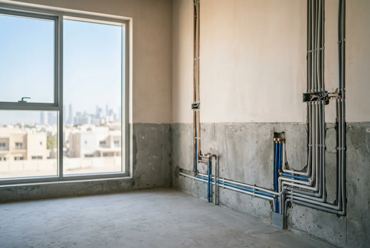 An empty room undergoing renovation with exposed plumbing and electrical conduits installed on unfinished walls