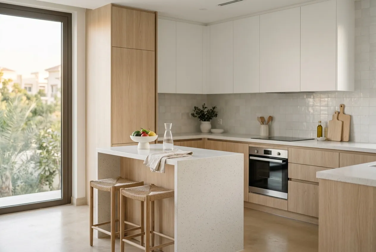 A modern kitchen with light oak lower cabinets, white upper units, and a small terrazzo waterfall island with stools