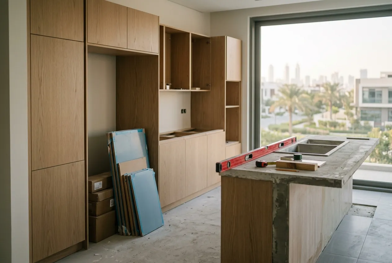 Partially installed wooden kitchen cabinets and an unfinished concrete island with a spirit level
