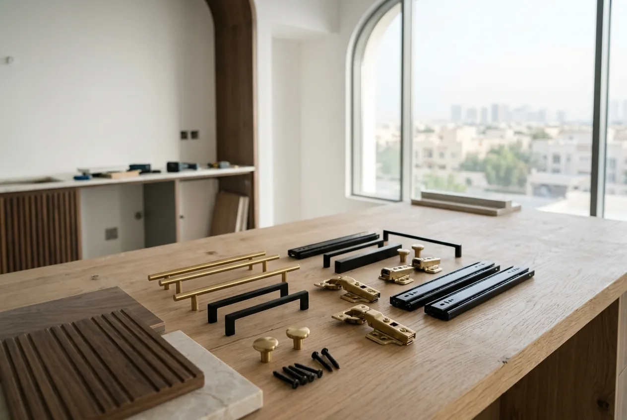 Brass and black cabinet handles, hinges, slides, and screws neatly arranged on a light wooden countertop