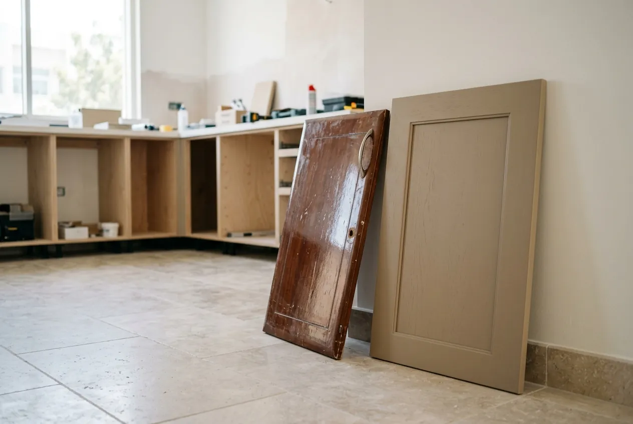 An old glossy wood cabinet door leans beside a new matte shaker cabinet door on a tiled kitchen floor