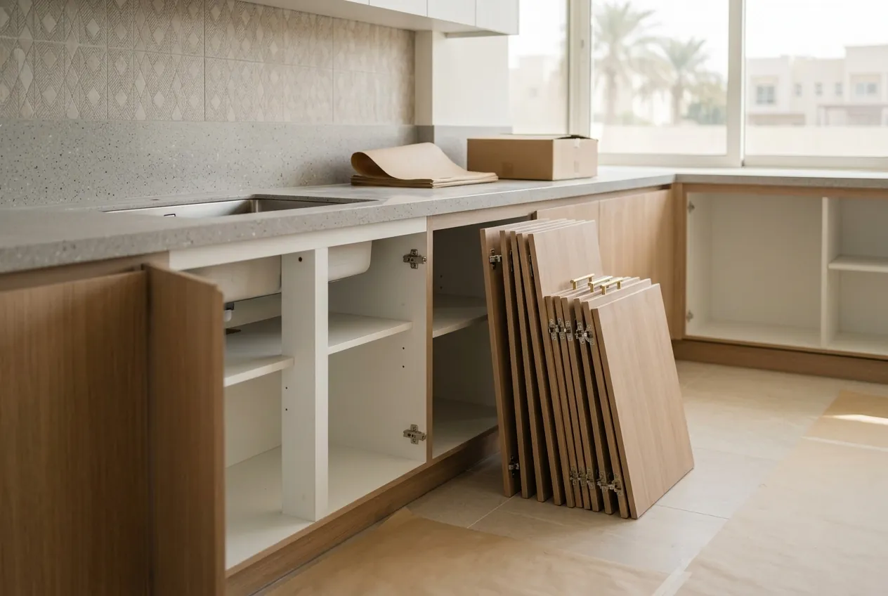 Stack of wooden cabinet doors resting on the floor beside open kitchen base cabinets during installation