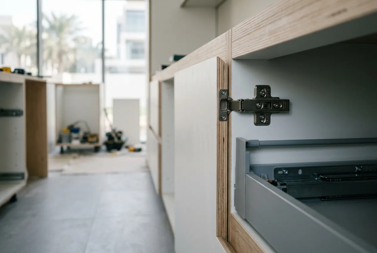 Close-up of a plywood cabinet carcass showing an installed soft-close hinge and metal drawer runner