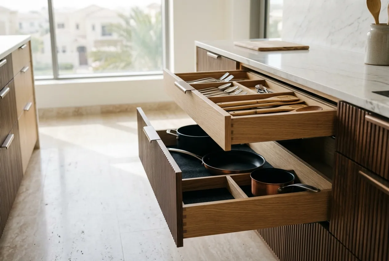 Open wooden kitchen drawers with organized cutlery trays and cookware in a modern kitchen with marble countertops