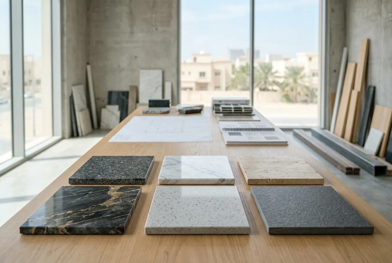 Stone countertop material samples arranged on a wooden table inside a bright studio