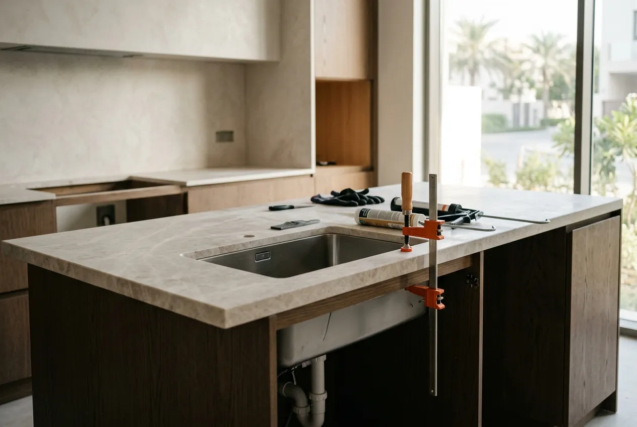 A stone countertop with an undermount sink cutout being installed on kitchen island cabinets alongside tools