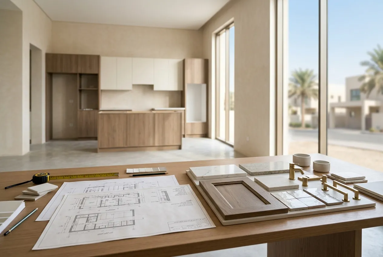 Architectural blueprints and kitchen material samples resting on a wooden table in an empty modern villa