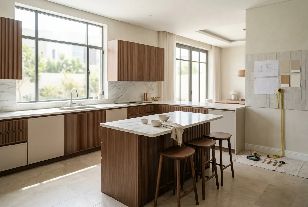 Modern L-shaped kitchen featuring fluted wood cabinetry, marble countertops, and a central island with wooden stools