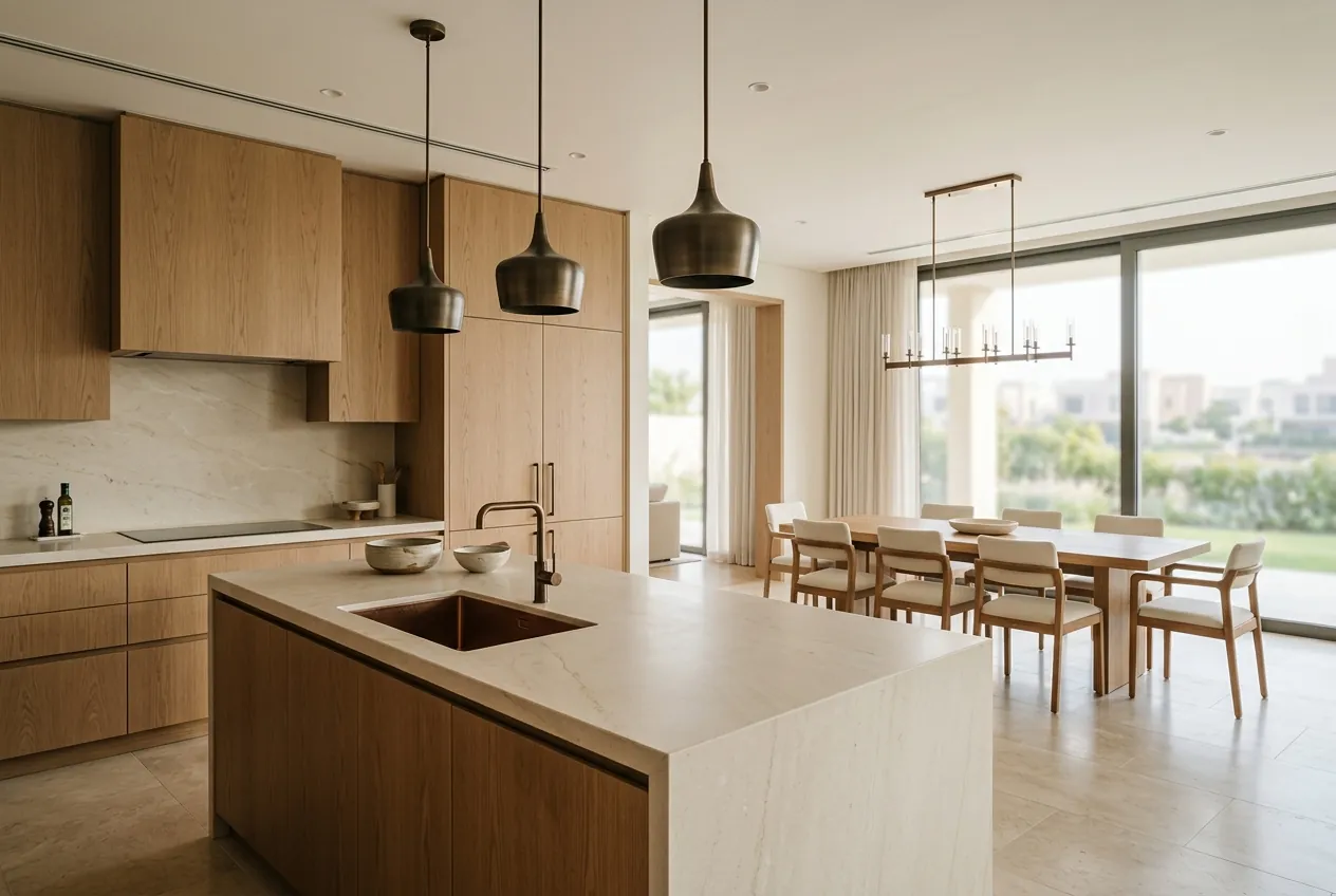 Modern open-concept kitchen with oak cabinets and a stone island leading to a sunlit dining area