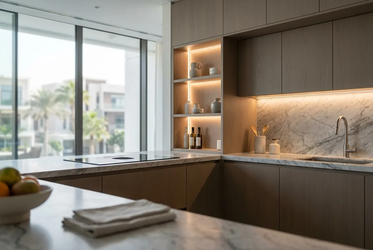 Modern wooden kitchen cabinets featuring built-in LED shelf lighting, marble countertops, and large windows