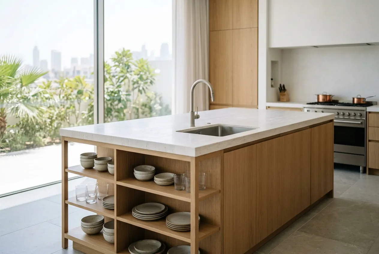 A wooden kitchen island with a stone countertop, built-in sink, and open shelving holding dishware
