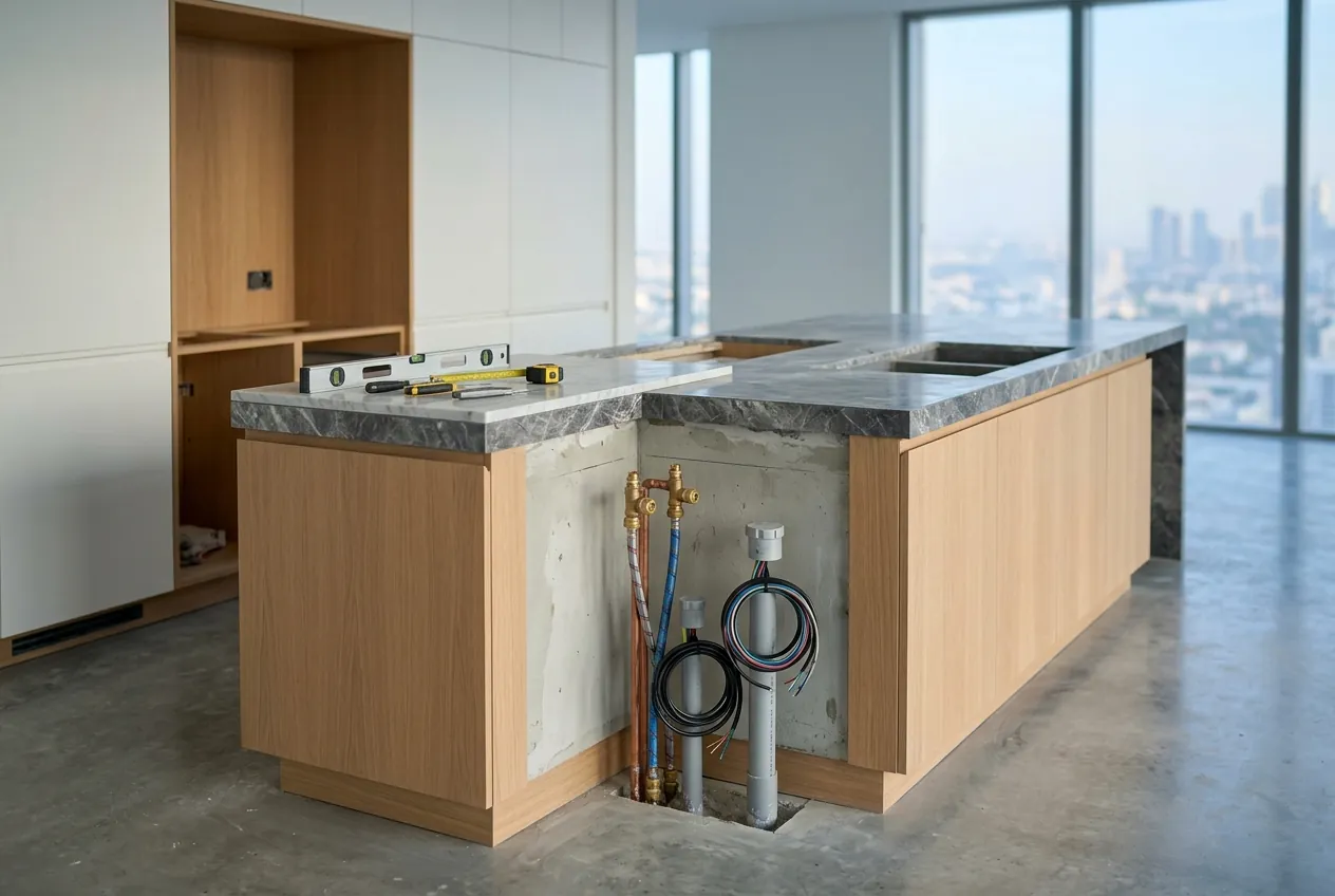 Kitchen island during installation with exposed plumbing, electrical cables, and tools on the marble countertop