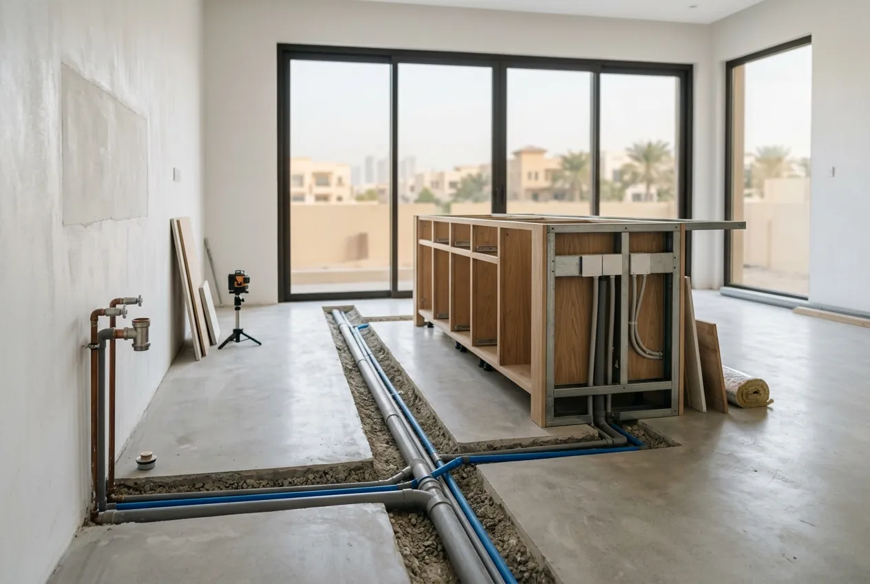 Plumbing pipes run through an open trench in a concrete floor toward an unfinished kitchen island under renovation