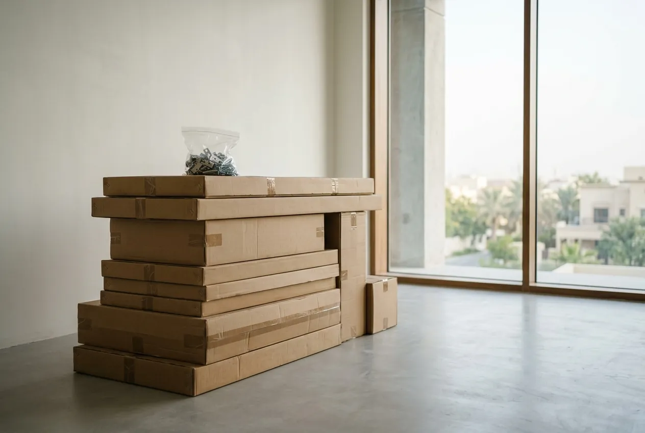 A stack of cardboard furniture boxes with a bag of hardware on top sits on the floor of an empty, bright room