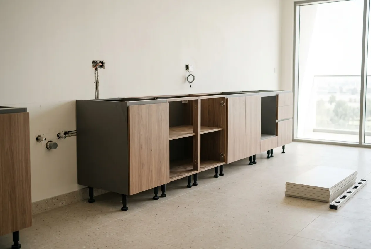 Lower kitchen cabinets set on adjustable black legs during installation in a bright room