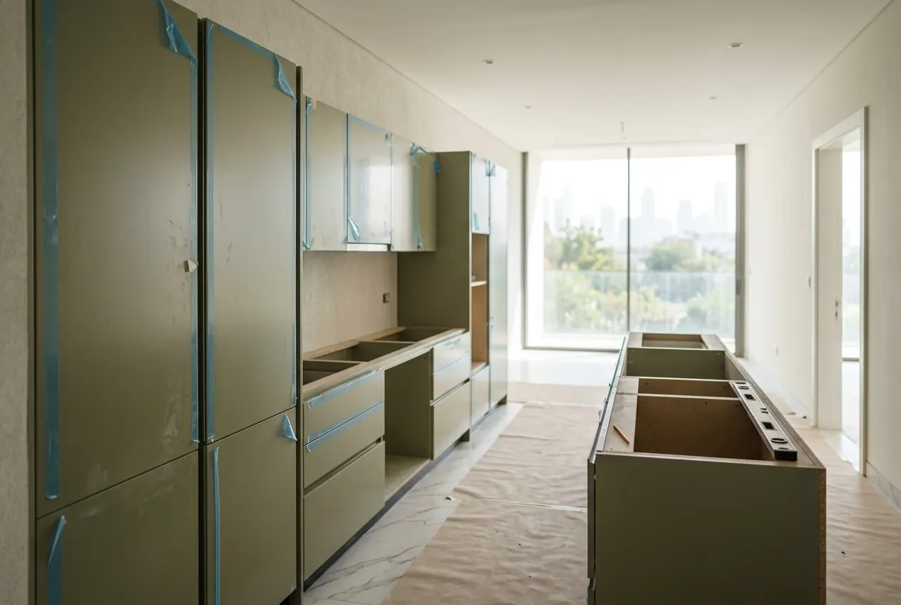 Unfinished olive green kitchen cabinets and island base units under installation in an empty modern apartment