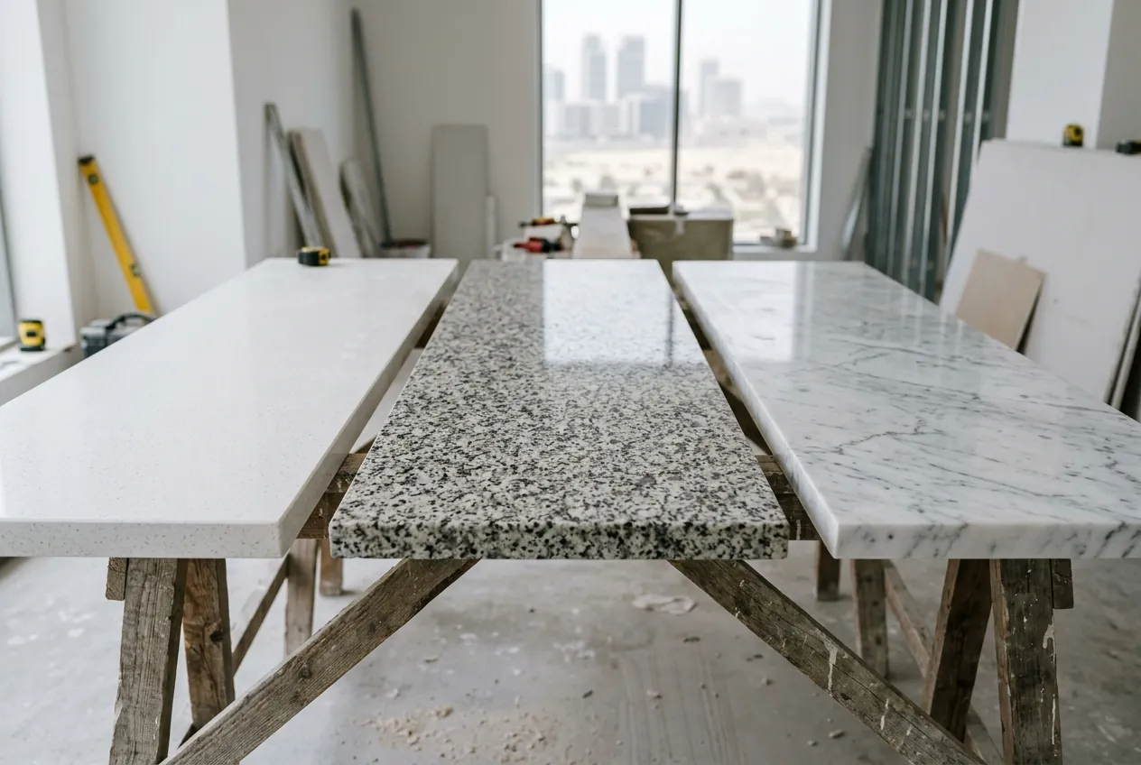 Three countertop slabs of white quartz, speckled granite, and veined marble resting on sawhorses in a room