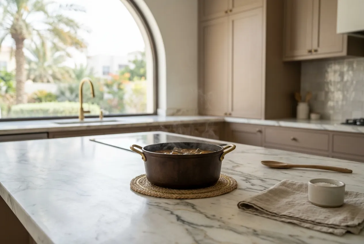 A steaming pot on a woven trivet sits on a marble kitchen island in front of a bright arched window