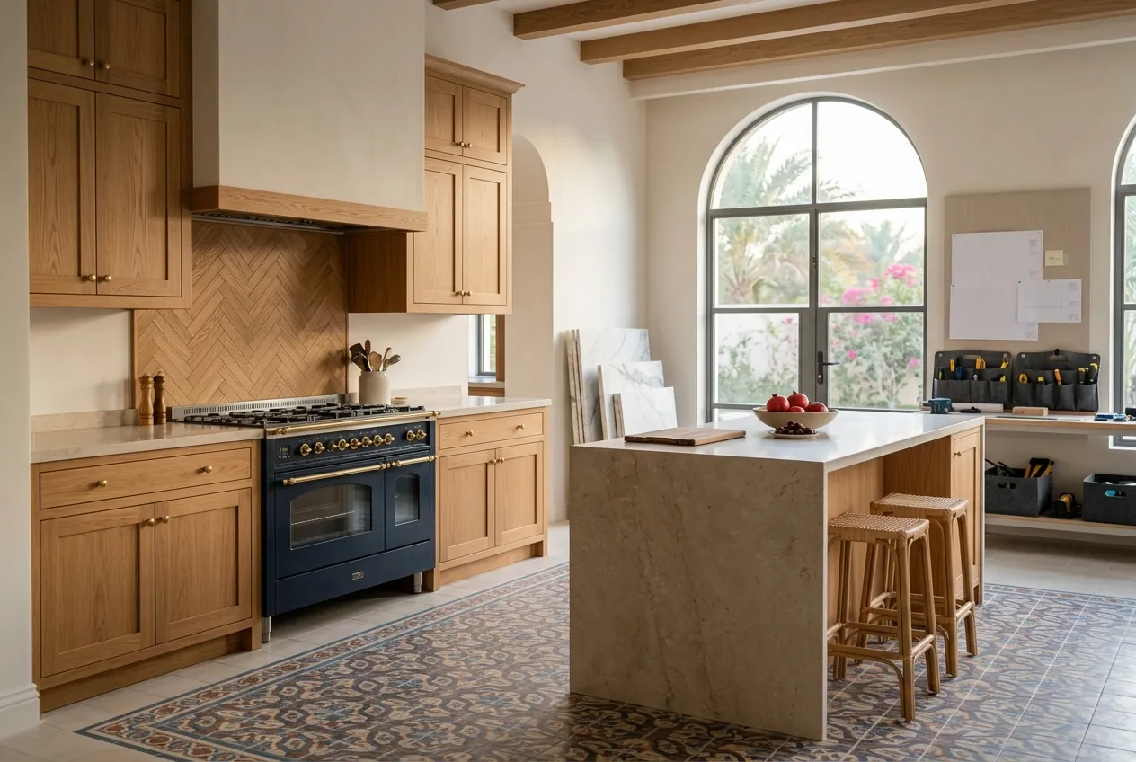 Spacious kitchen featuring oak cabinetry, a navy blue gas stove, a marble waterfall island, and patterned tile flooring