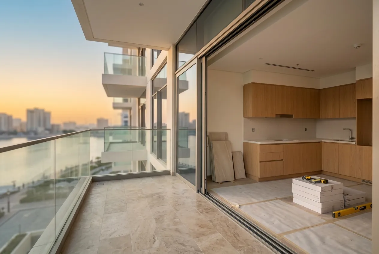Modern apartment balcony and kitchen under renovation overlooking a waterfront at golden hour