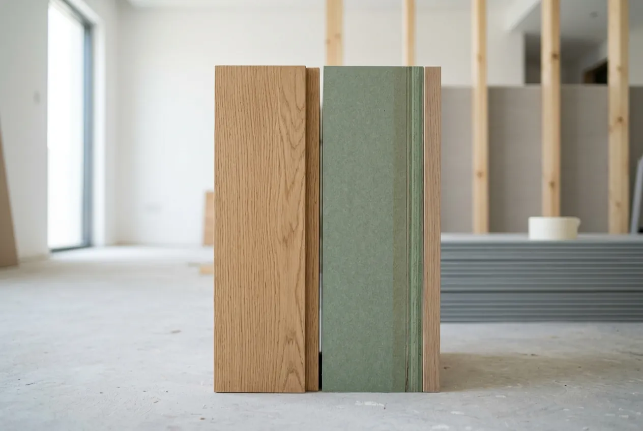 Two cabinet material samples showing solid oak beside moisture-resistant green MDF with an oak edge