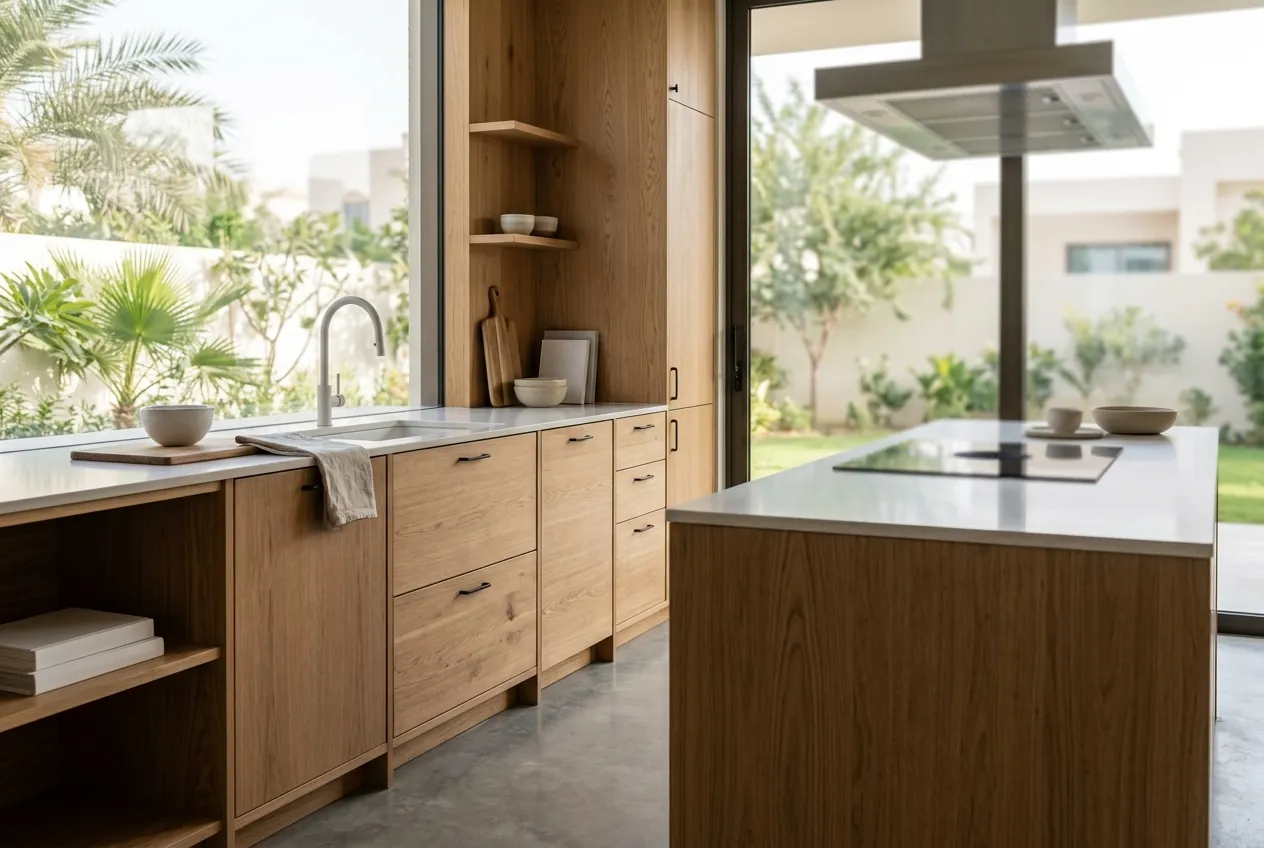 Modern oak kitchen cabinets and an island with white countertops facing large windows looking out onto a garden