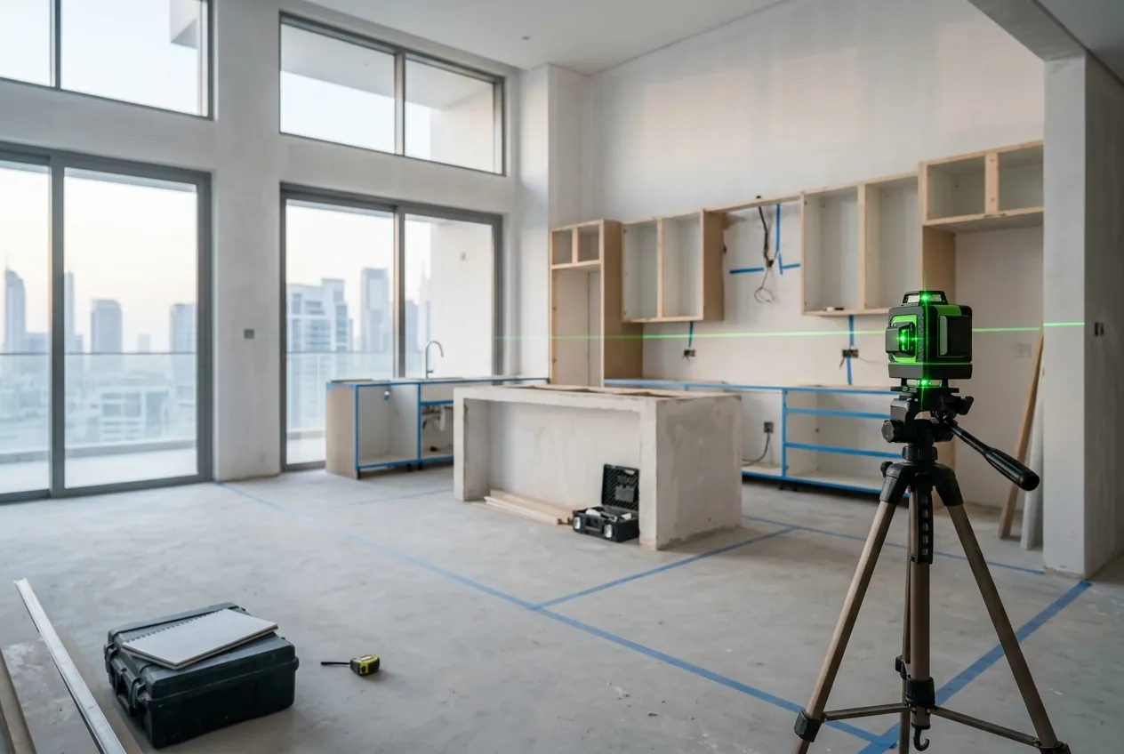 A kitchen under renovation with taped floor markings, partially built cabinets, and a green laser level on a tripod