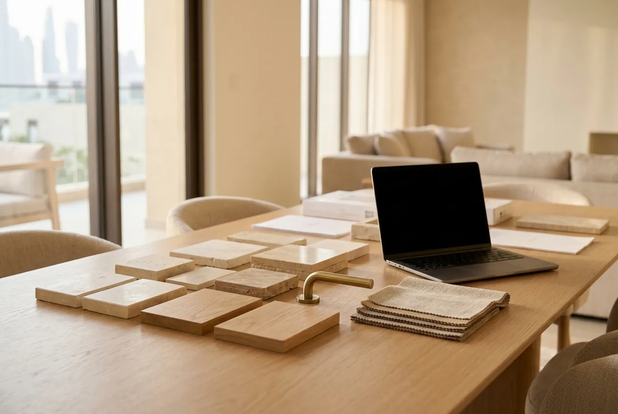 Material swatches, tile samples, a brass handle, and an open laptop arranged on a wooden table in a bright room