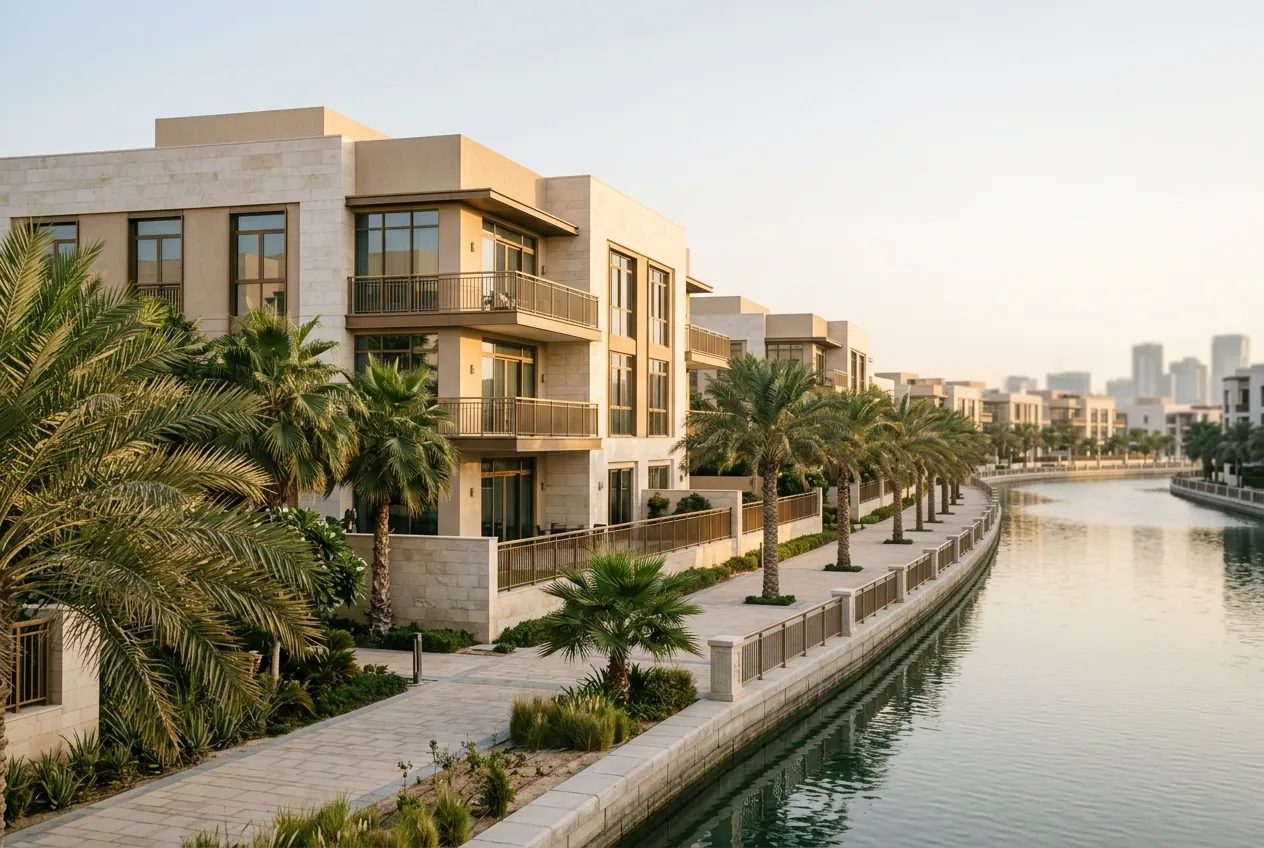 Modern waterfront apartment buildings line a calm canal with a paved promenade and palm trees under morning light
