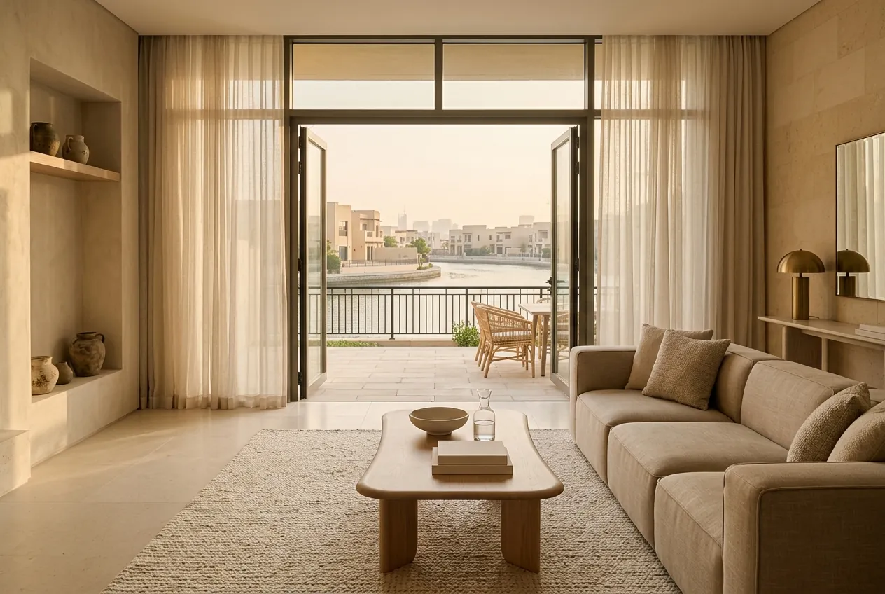 A bright living room with a beige sofa and sheer curtains opens onto a canal-side terrace